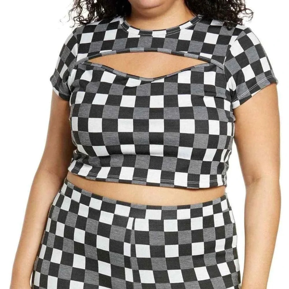 NWT BP Women's Plus Size 2X Black White Gingham Cutout Crop Short Sleeve Top v6x